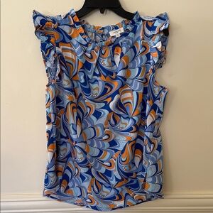 Umgee Summer Blouse Orange Blue Ruffled sleeve Size M NWOT